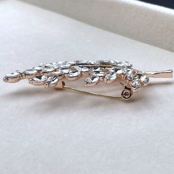 Rose Gold with White Diamond Crystal Tree Branch with Leaves Pin Back Brooch - Picture 5 of 9